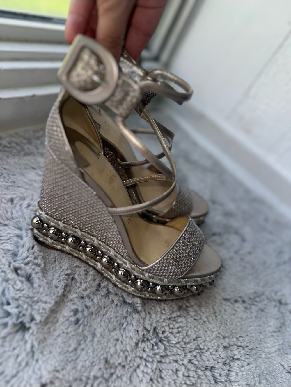 Christian Louboutin Champagne Metallic Beaded Wedge Sandals
